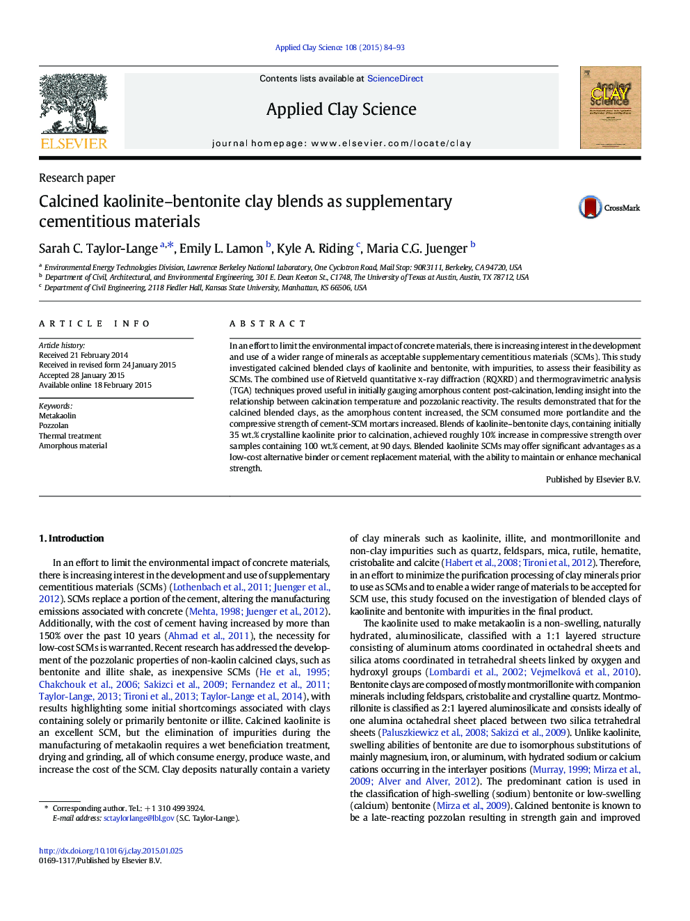 Calcined kaolinite-bentonite clay blends as supplementary cementitious materials