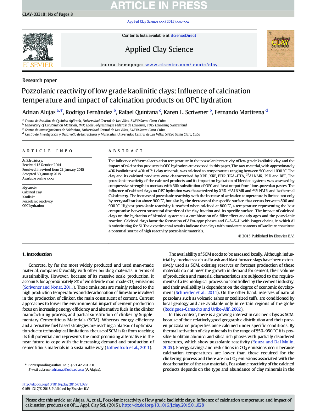 Pozzolanic reactivity of low grade kaolinitic clays: Influence of calcination temperature and impact of calcination products on OPC hydration