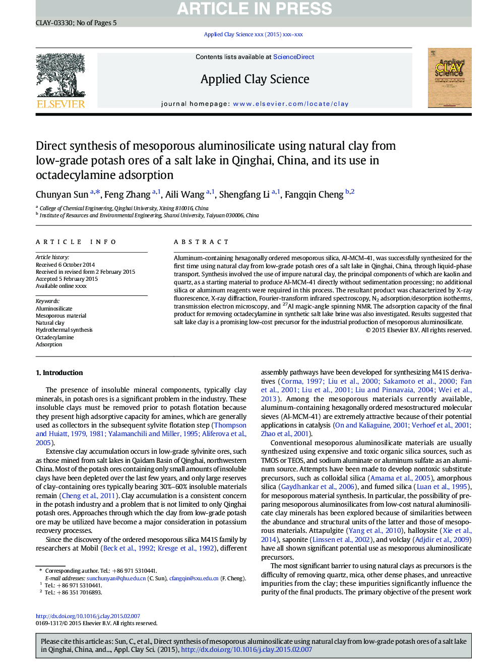 Direct synthesis of mesoporous aluminosilicate using natural clay from low-grade potash ores of a salt lake in Qinghai, China, and its use in octadecylamine adsorption