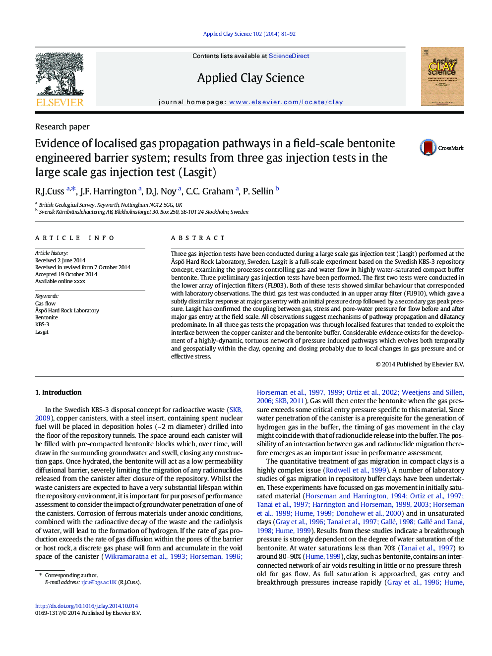 Evidence of localised gas propagation pathways in a field-scale bentonite engineered barrier system; results from three gas injection tests in the large scale gas injection test (Lasgit)