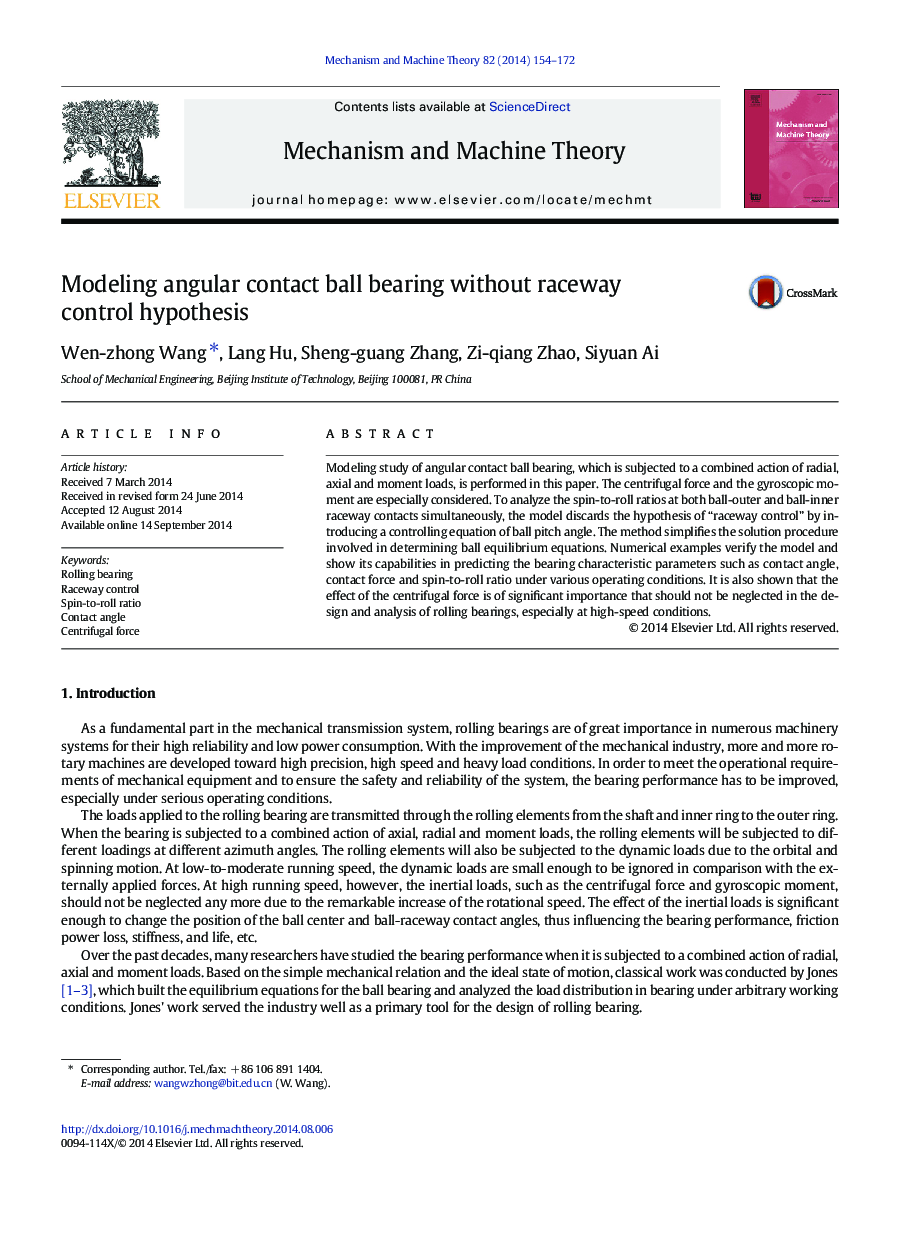 Modeling angular contact ball bearing without raceway control hypothesis