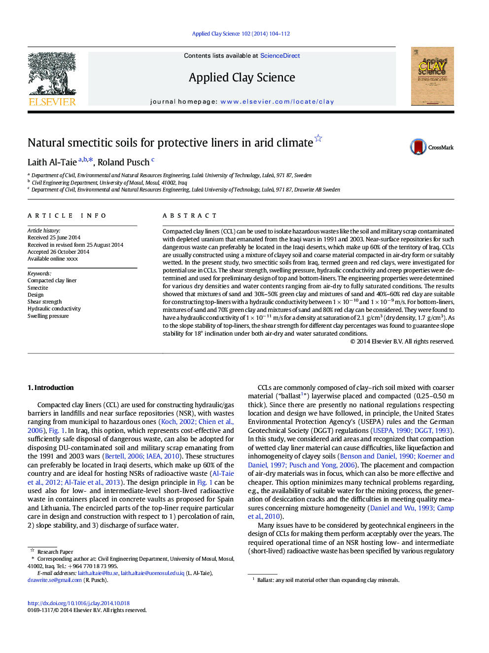 Natural smectitic soils for protective liners in arid climate