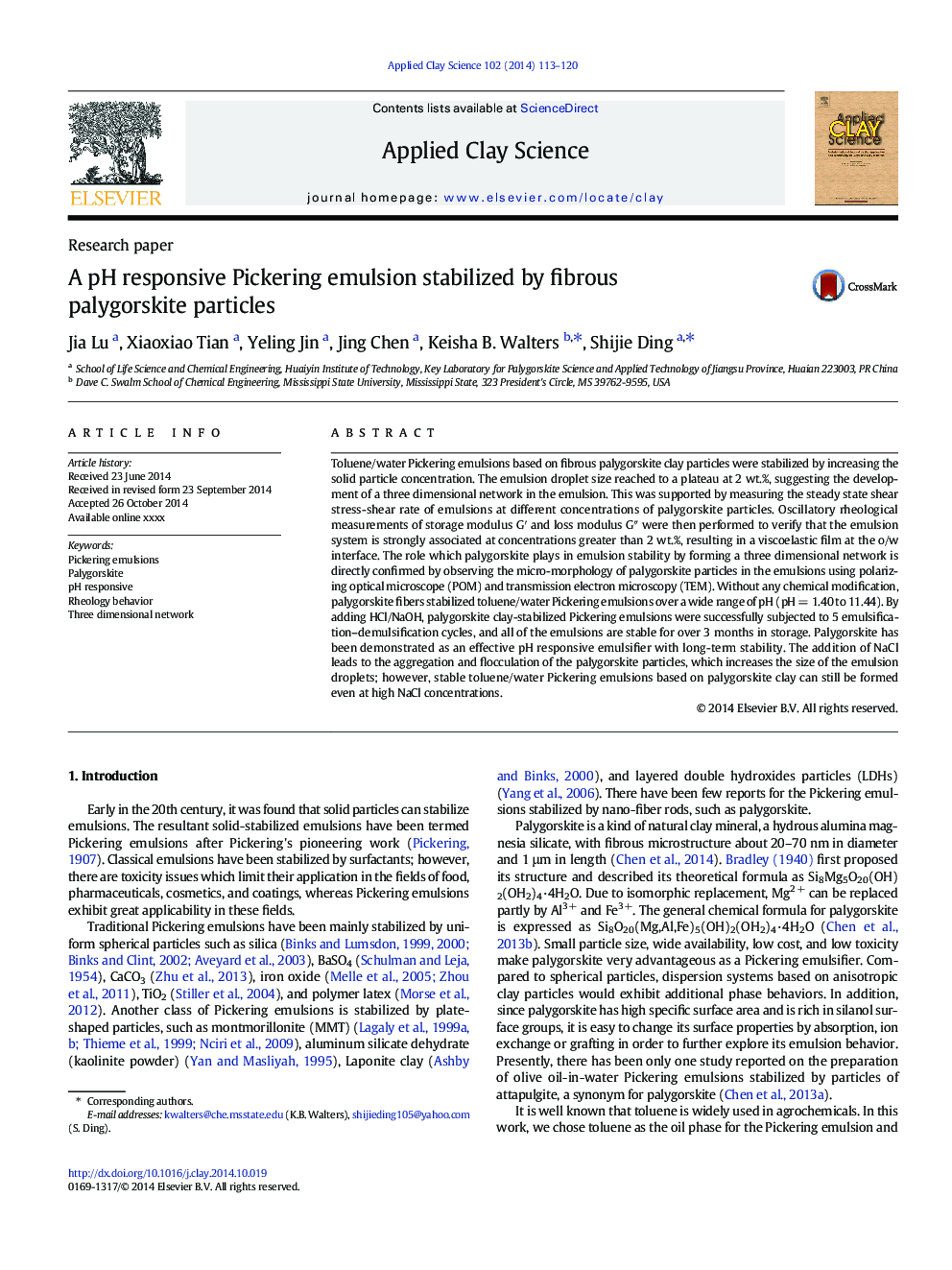 A pH responsive Pickering emulsion stabilized by fibrous palygorskite particles