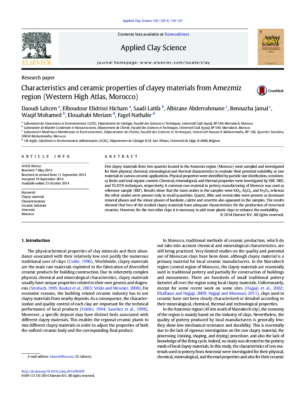 Characteristics and ceramic properties of clayey materials from Amezmiz region (Western High Atlas, Morocco)