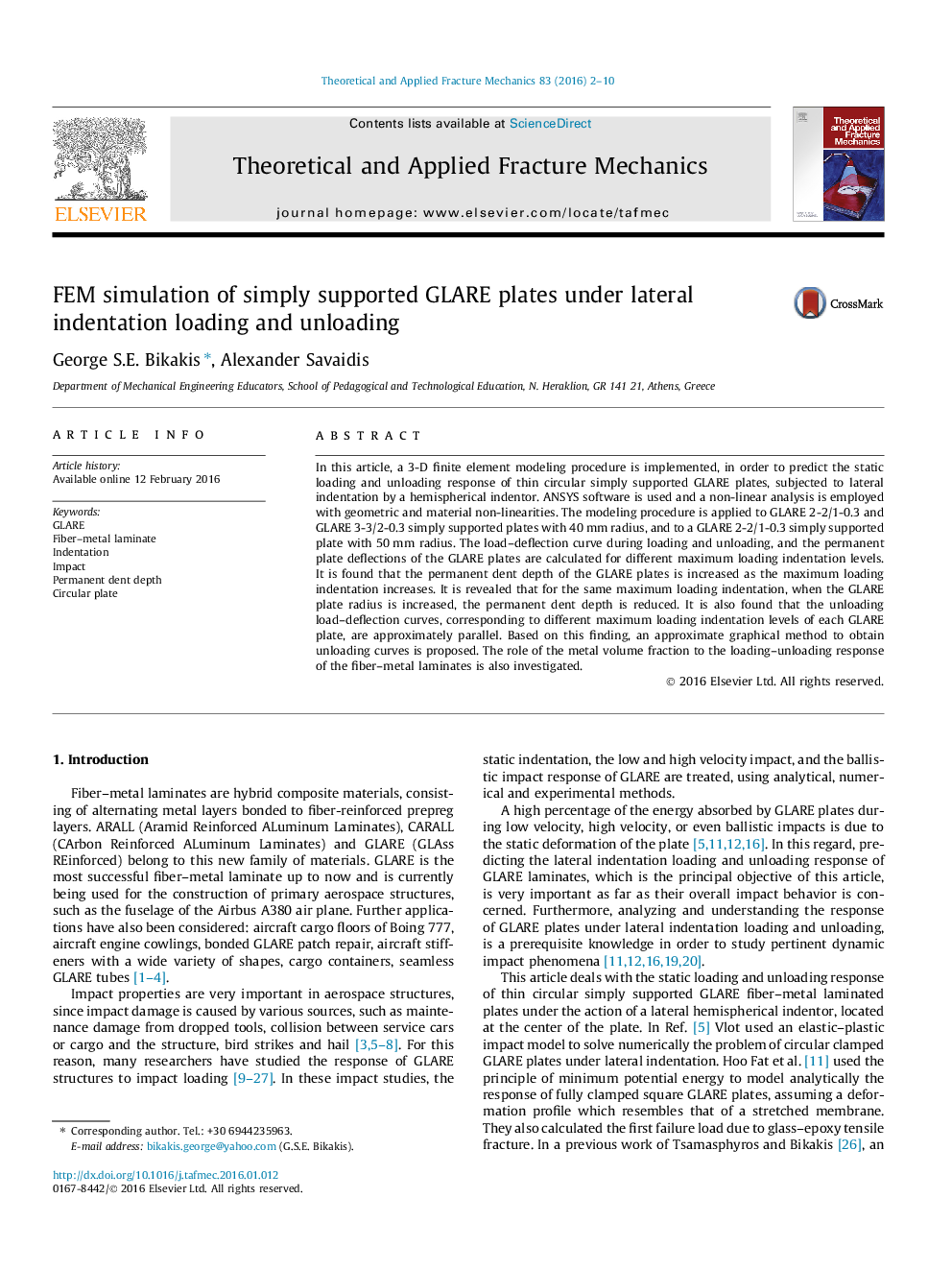 FEM simulation of simply supported GLARE plates under lateral indentation loading and unloading