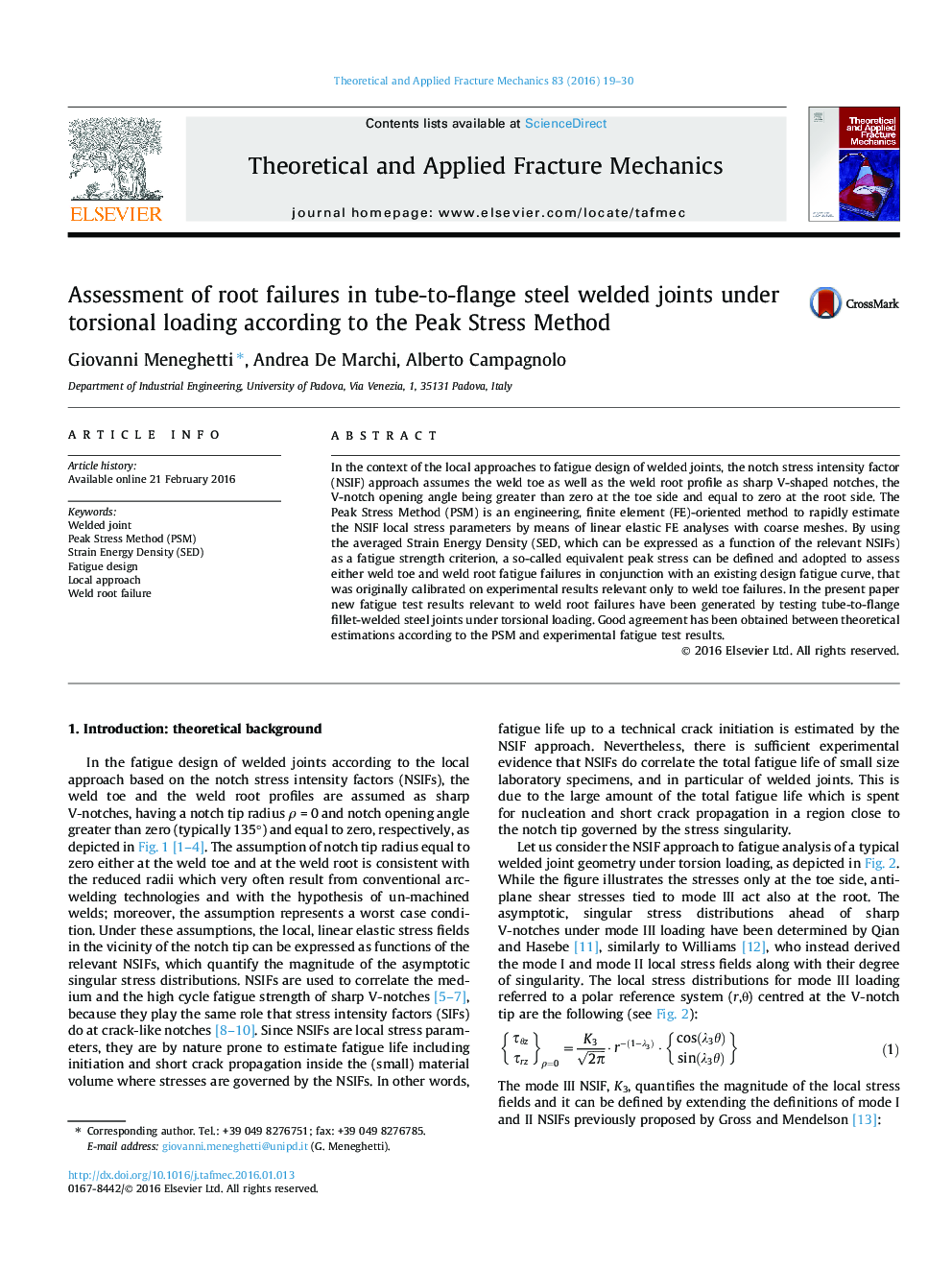Assessment of root failures in tube-to-flange steel welded joints under torsional loading according to the Peak Stress Method