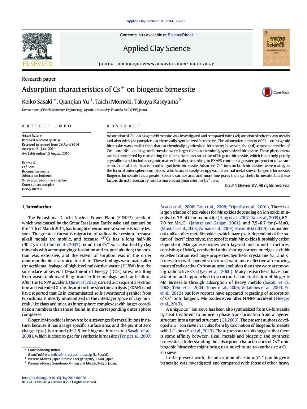 Adsorption characteristics of Cs+ on biogenic birnessite