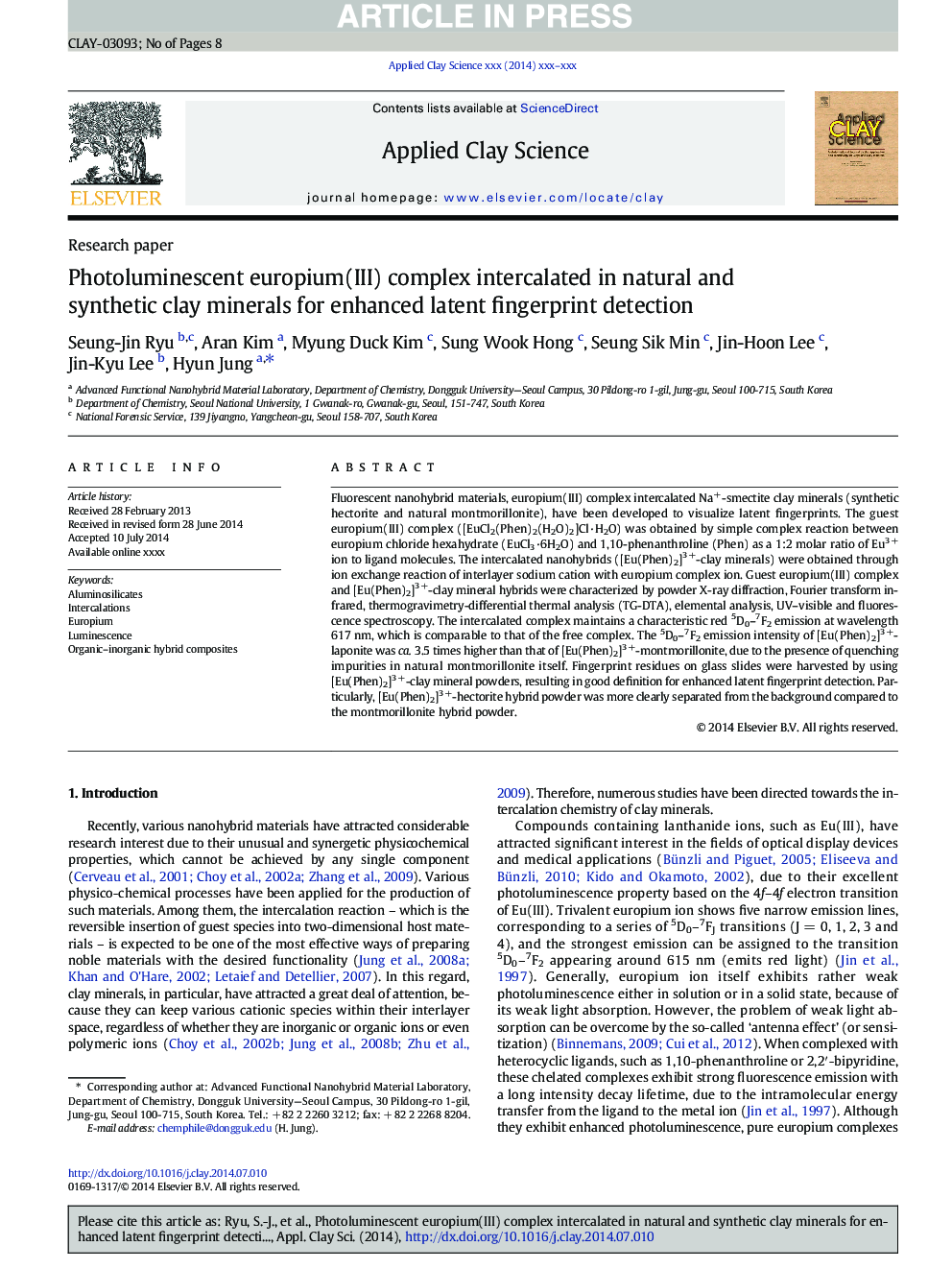 Photoluminescent europium(III) complex intercalated in natural and synthetic clay minerals for enhanced latent fingerprint detection