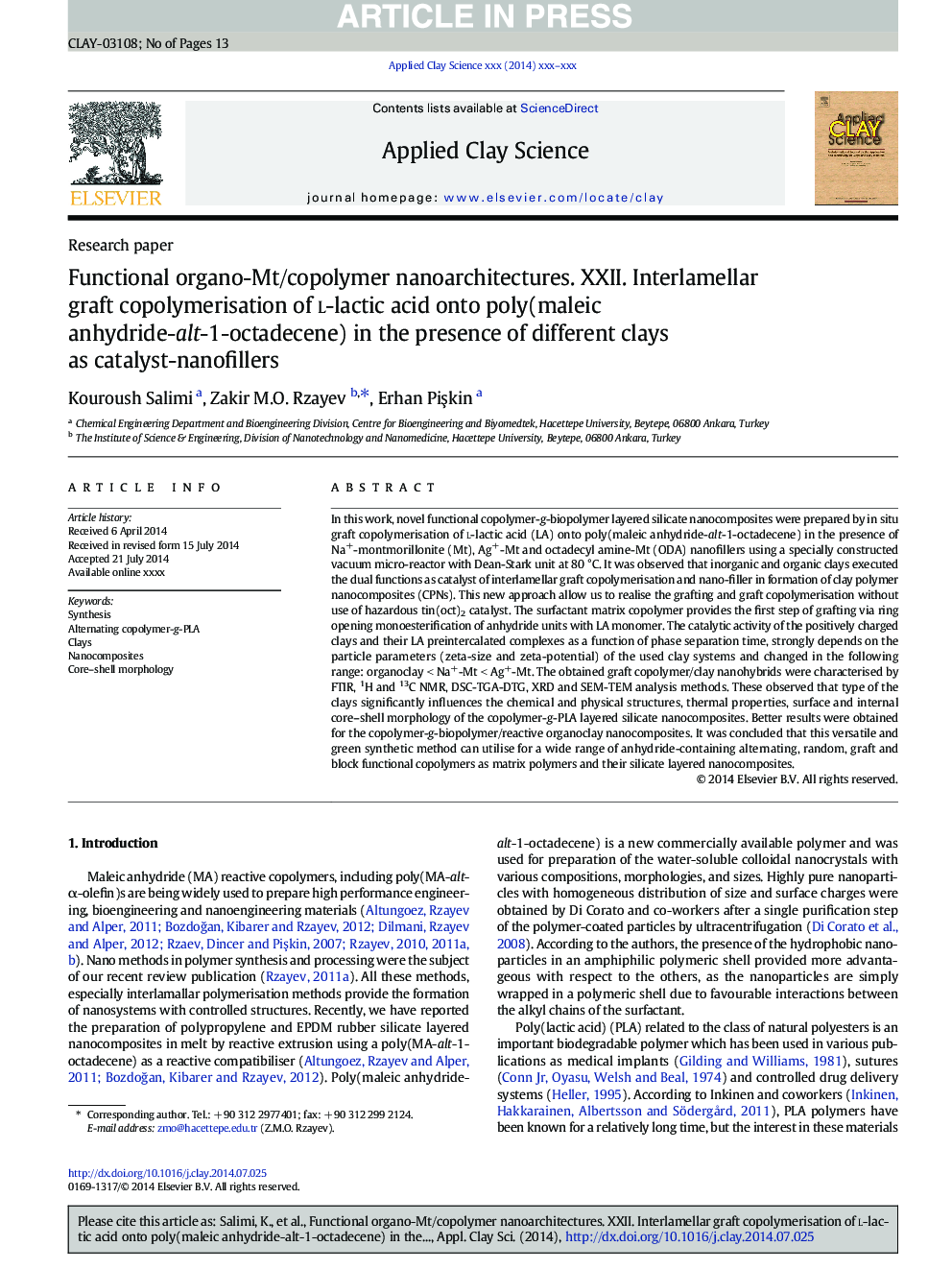 Functional organo-Mt/copolymer nanoarchitectures. XXII. Interlamellar graft copolymerisation of l-lactic acid onto poly(maleic anhydride-alt-1-octadecene) in the presence of different clays as catalyst-nanofillers