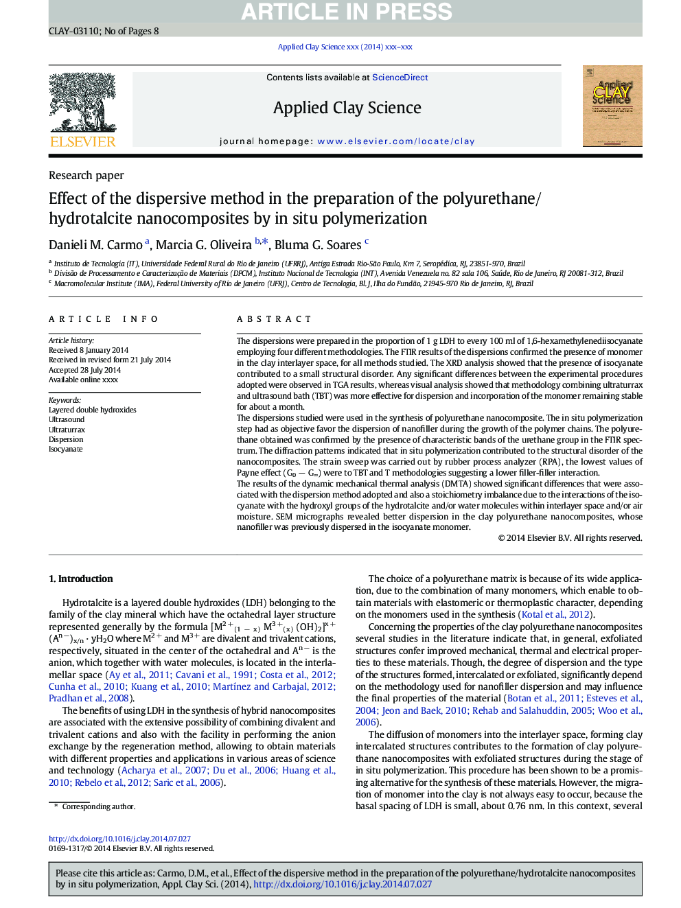 Effect of the dispersive method in the preparation of the polyurethane/hydrotalcite nanocomposites by in situ polymerization