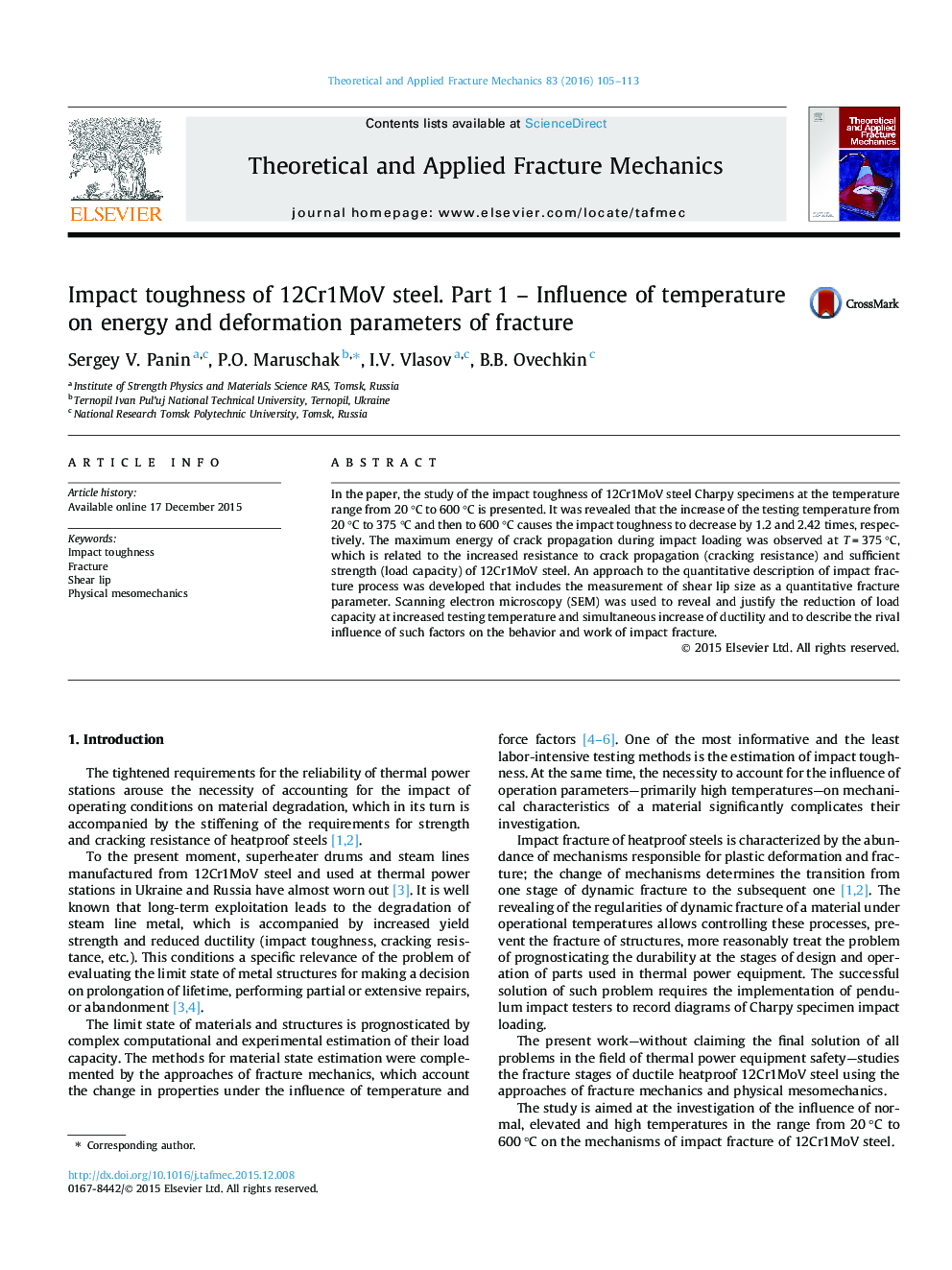 Impact toughness of 12Cr1MoV steel. Part 1 – Influence of temperature on energy and deformation parameters of fracture