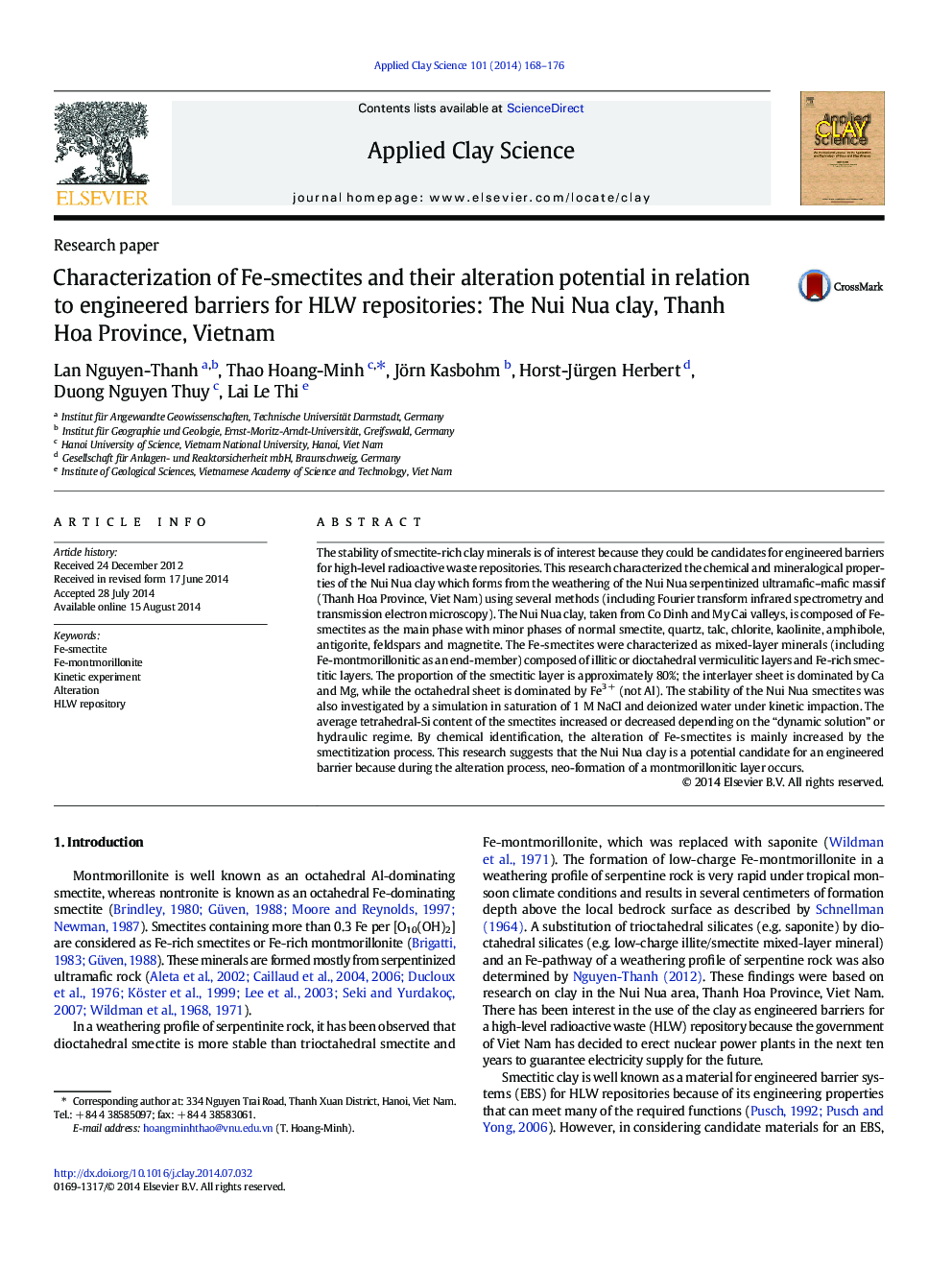 Characterization of Fe-smectites and their alteration potential in relation to engineered barriers for HLW repositories: The Nui Nua clay, Thanh Hoa Province, Vietnam