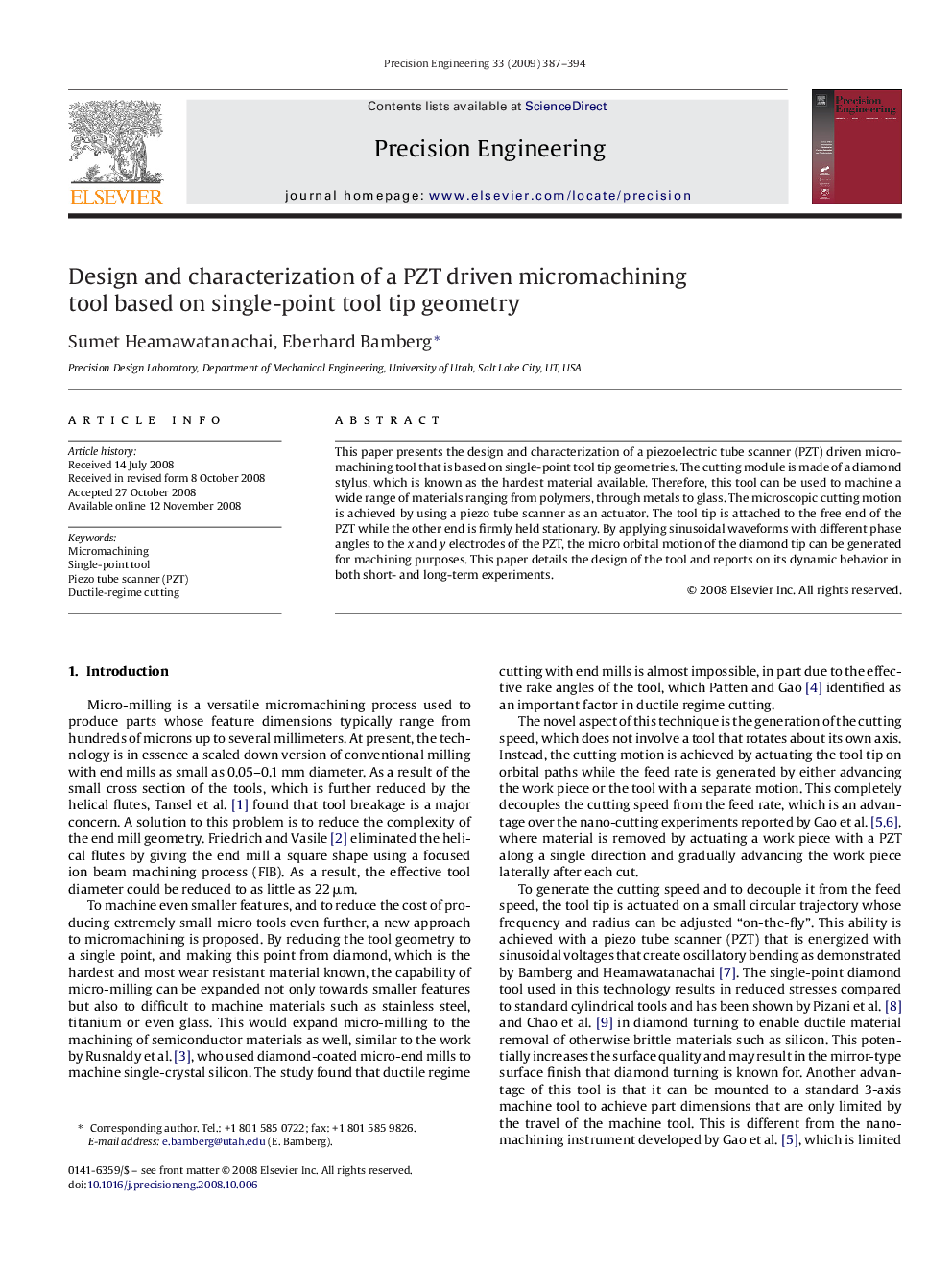 Design and characterization of a PZT driven micromachining tool based on single-point tool tip geometry