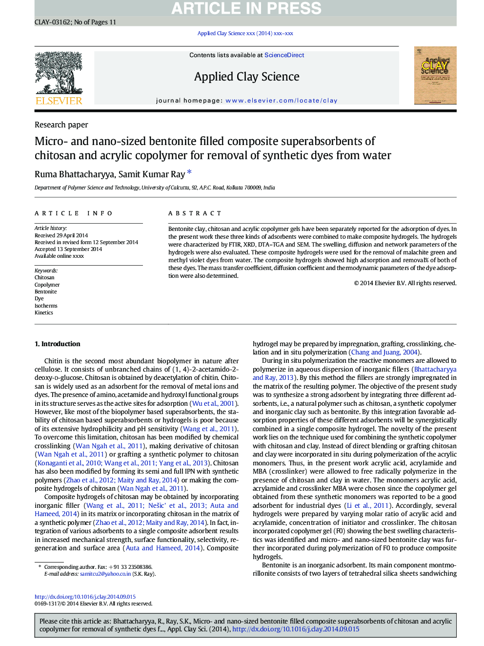 Micro- and nano-sized bentonite filled composite superabsorbents of chitosan and acrylic copolymer for removal of synthetic dyes from water