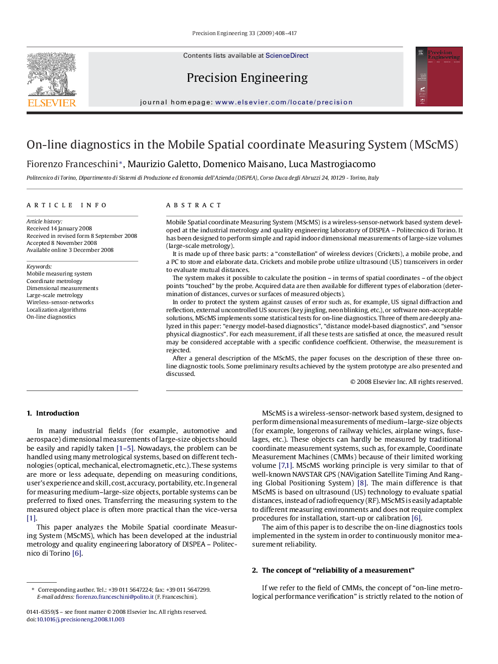 On-line diagnostics in the Mobile Spatial coordinate Measuring System (MScMS)