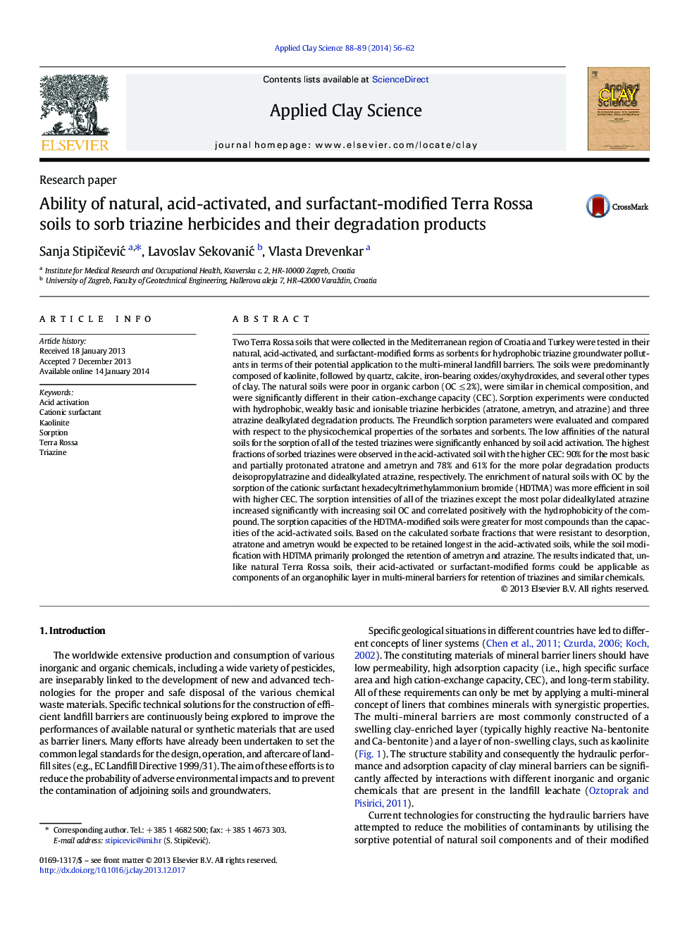Ability of natural, acid-activated, and surfactant-modified Terra Rossa soils to sorb triazine herbicides and their degradation products