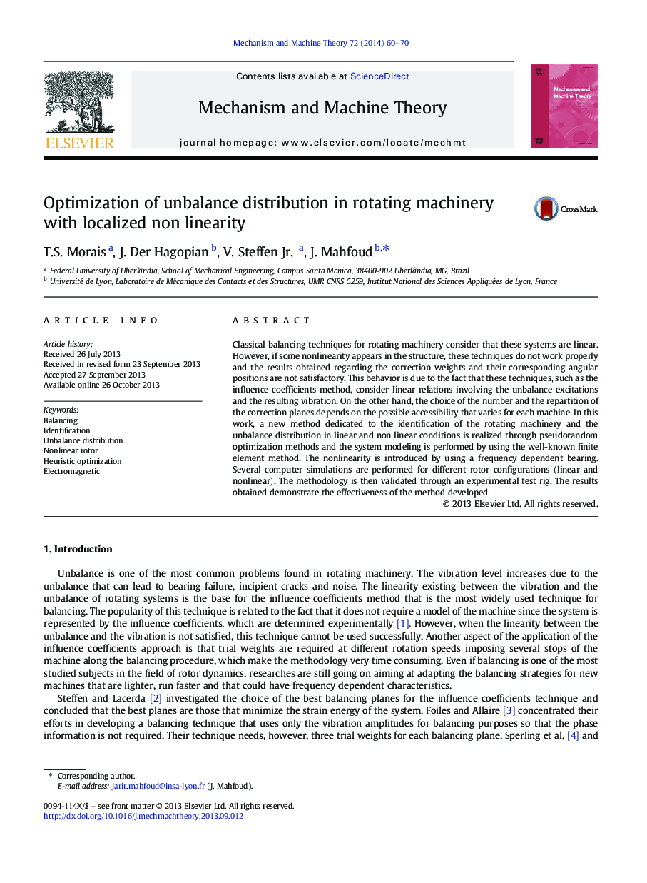 Optimization of unbalance distribution in rotating machinery with localized non linearity