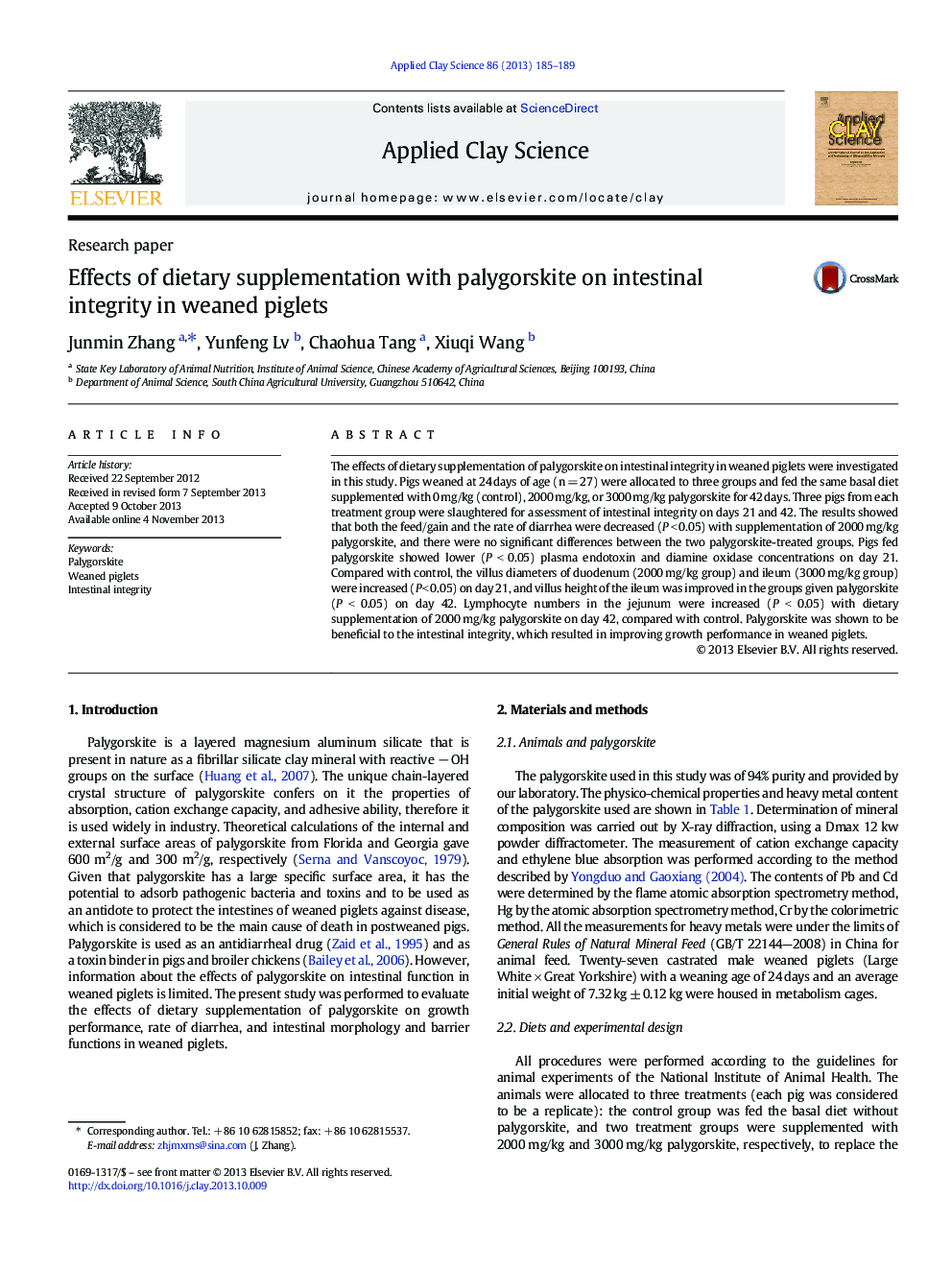 Effects of dietary supplementation with palygorskite on intestinal integrity in weaned piglets