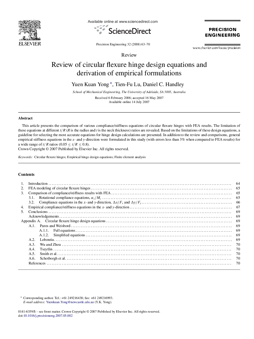 Review of circular flexure hinge design equations and derivation of empirical formulations