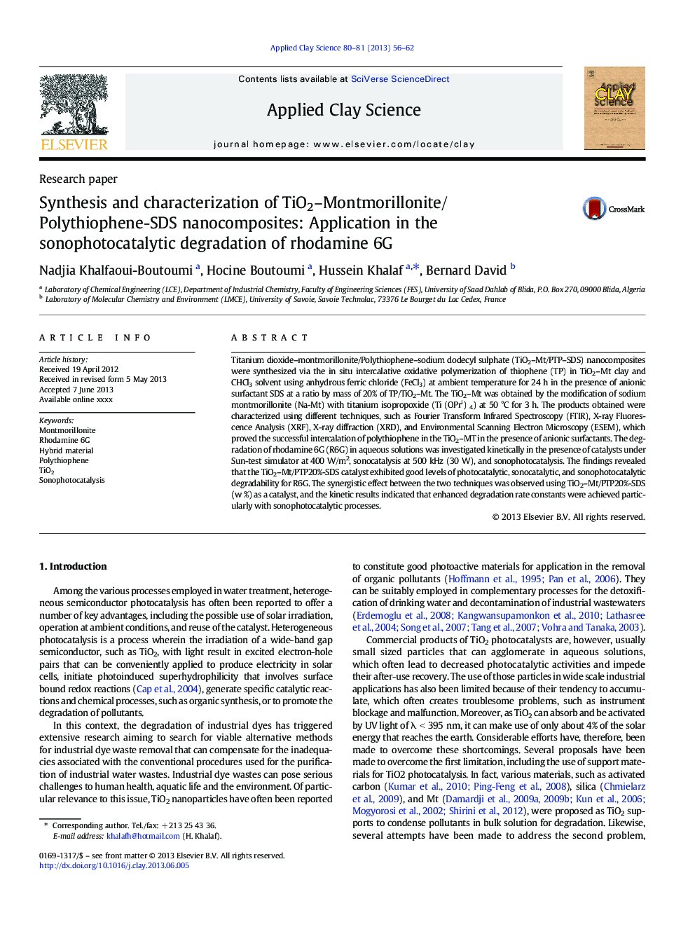 Synthesis and characterization of TiO2-Montmorillonite/Polythiophene-SDS nanocomposites: Application in the sonophotocatalytic degradation of rhodamine 6G