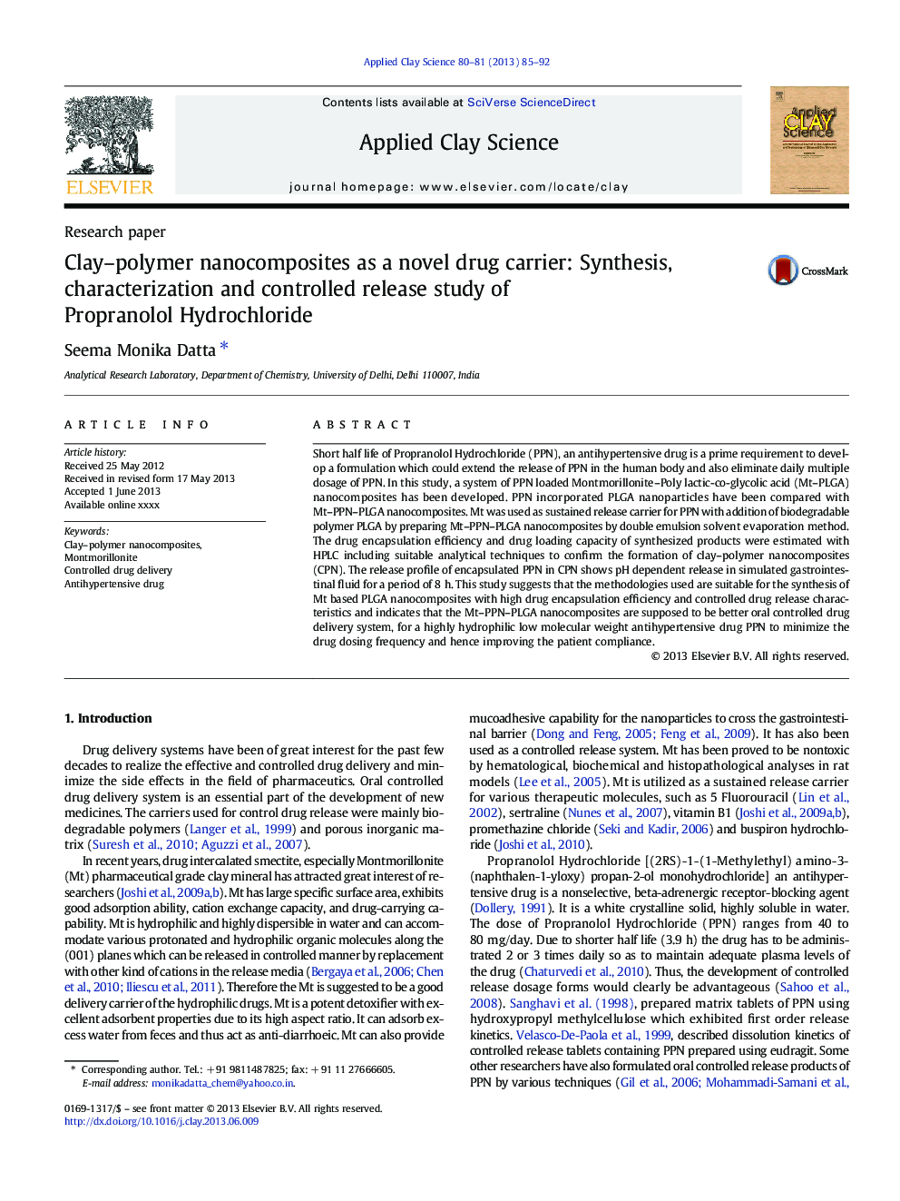 نانوکامپوزیتهای پلیمرهای رسوبی به عنوان یک دارنده جدید دارو: سنتز، خصوصیات و مطالعه آزمایشی کنترل پروپرانولول هیدروکلراید 