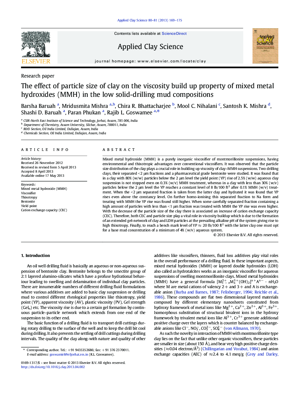 The effect of particle size of clay on the viscosity build up property of mixed metal hydroxides (MMH) in the low solid-drilling mud compositions