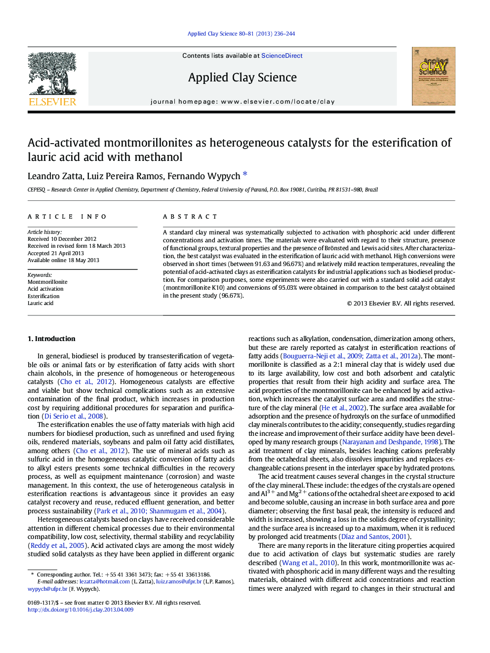 Acid-activated montmorillonites as heterogeneous catalysts for the esterification of lauric acid acid with methanol