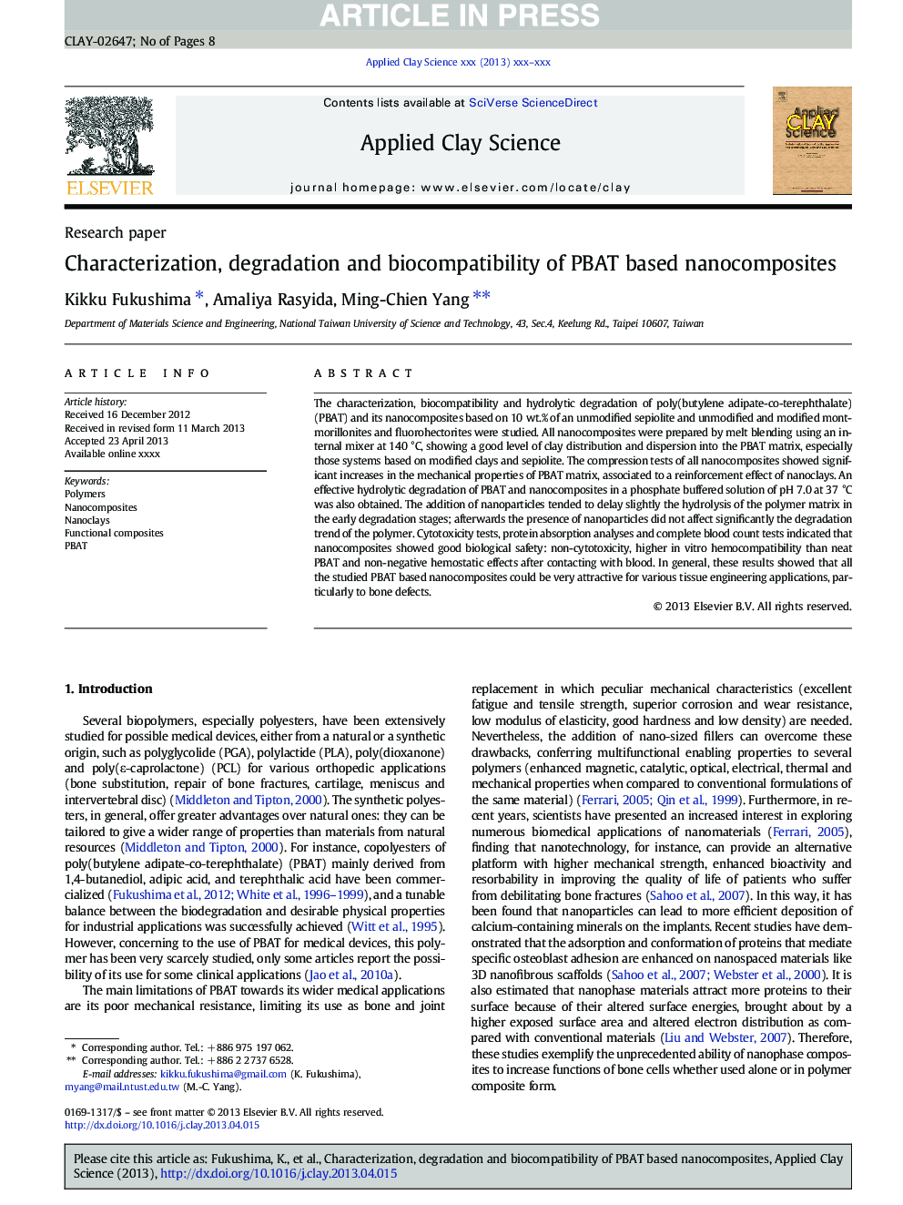 Characterization, degradation and biocompatibility of PBAT based nanocomposites