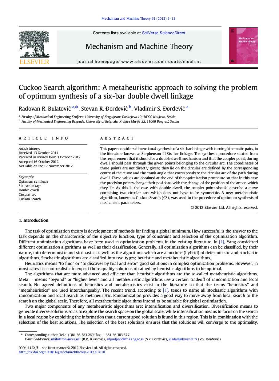 Cuckoo Search algorithm: A metaheuristic approach to solving the problem of optimum synthesis of a six-bar double dwell linkage