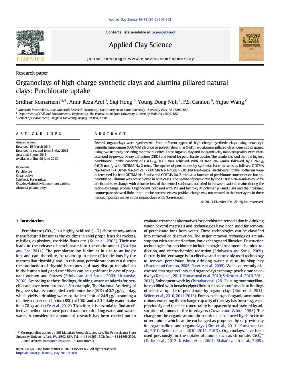 عکس صفحه اول مقاله: Organoclays of high-charge synthetic clays and alumina pillared natural clays: Perchlorate uptake Organoclays of high-charge synthetic clays and alumina pillared natural clays: Perchlorate uptake