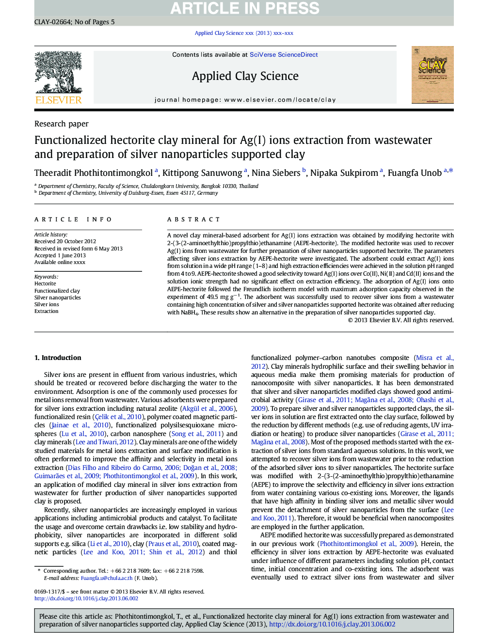 Functionalized hectorite clay mineral for Ag(I) ions extraction from wastewater and preparation of silver nanoparticles supported clay