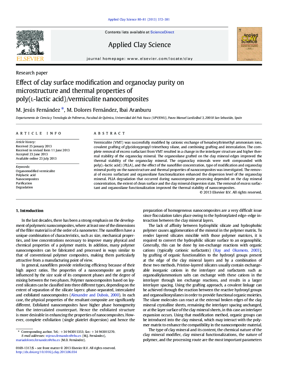 عکس صفحه اول مقاله: Effect of clay surface modification and organoclay purity on microstructure and thermal properties of poly(l-lactic acid)/vermiculite nanocomposites Effect of clay surface modification and organoclay purity on microstructure and thermal properties of poly(l-lactic acid)/vermiculite nanocomposites