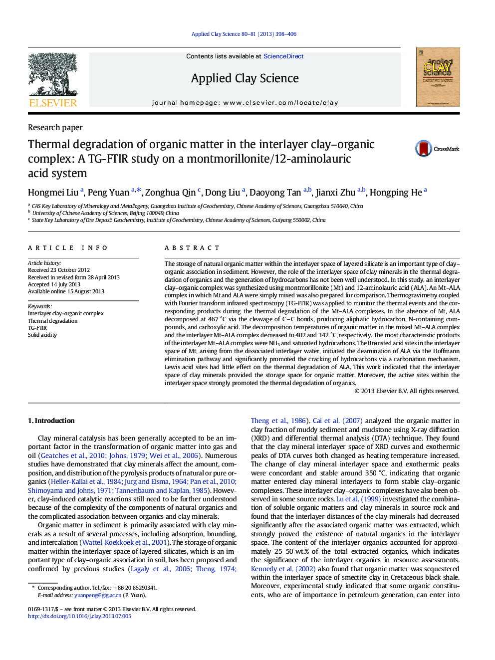 Thermal degradation of organic matter in the interlayer clay-organic complex: A TG-FTIR study on a montmorillonite/12-aminolauric acid system