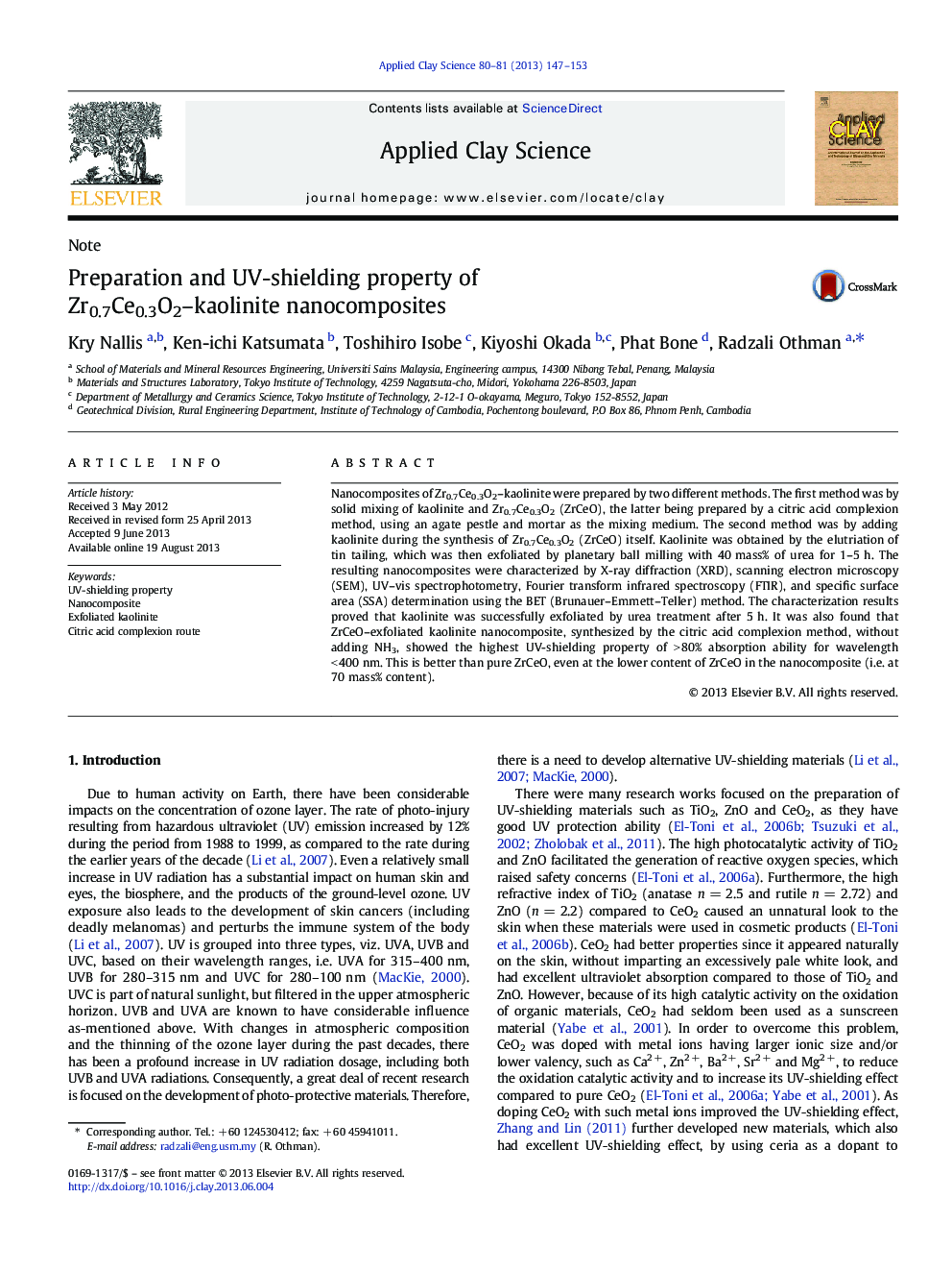 عکس صفحه اول مقاله: Preparation and UV-shielding property of Zr0.7Ce0.3O2-kaolinite nanocomposites Preparation and UV-shielding property of Zr0.7Ce0.3O2-kaolinite nanocomposites