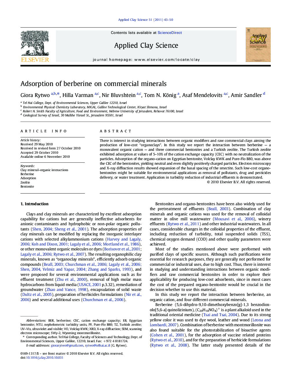 عکس صفحه اول مقاله: Adsorption of berberine on commercial minerals Adsorption of berberine on commercial minerals