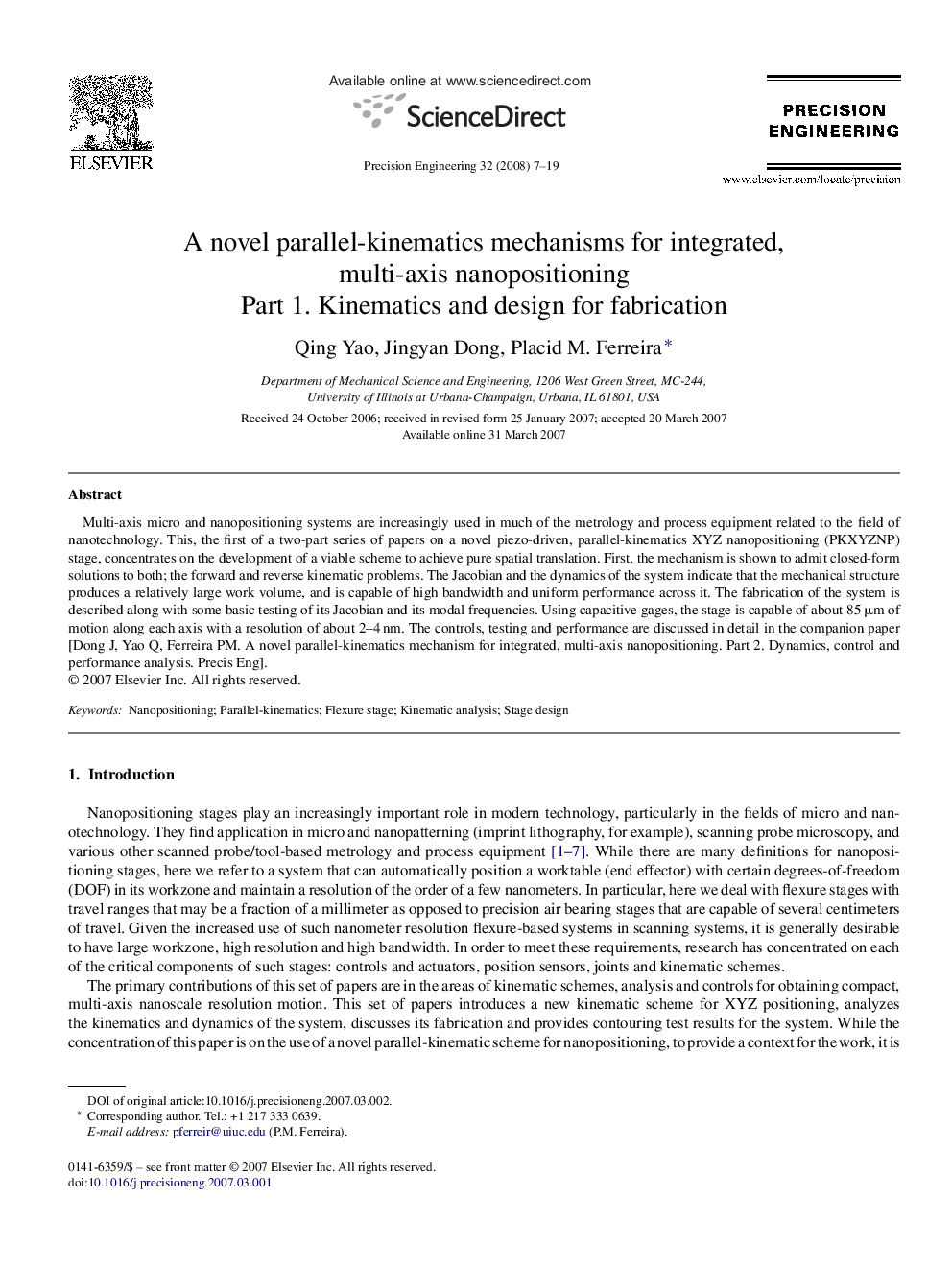 A novel parallel-kinematics mechanisms for integrated, multi-axis nanopositioning: Part 1. Kinematics and design for fabrication