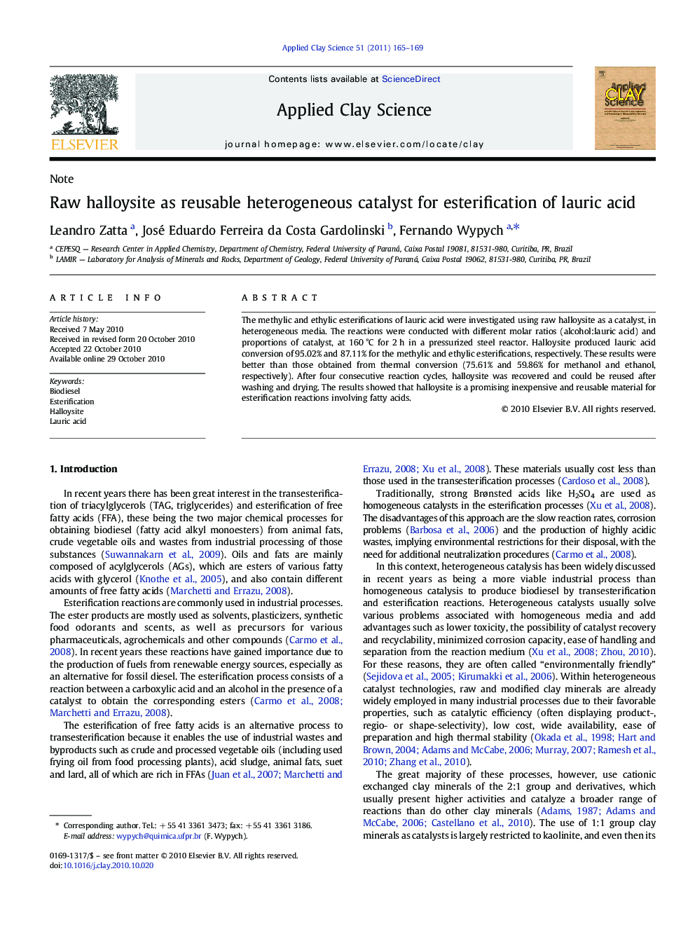 Raw halloysite as reusable heterogeneous catalyst for esterification of lauric acid