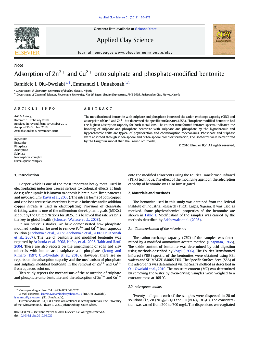 Adsorption of Zn2+ and Cu2+ onto sulphate and phosphate-modified bentonite