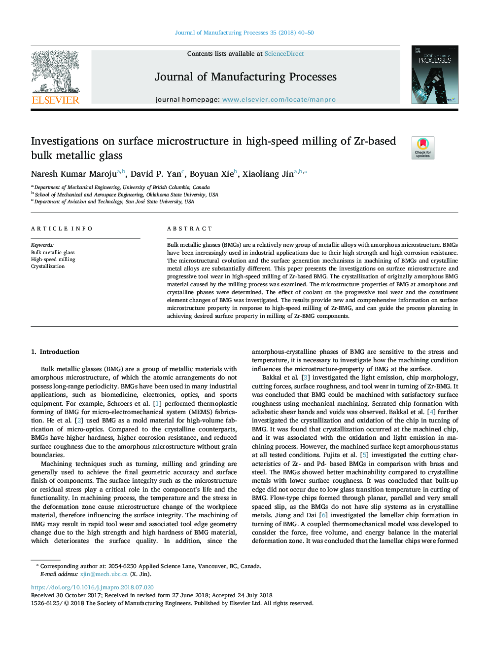 Investigations on surface microstructure in high-speed milling of Zr-based bulk metallic glass