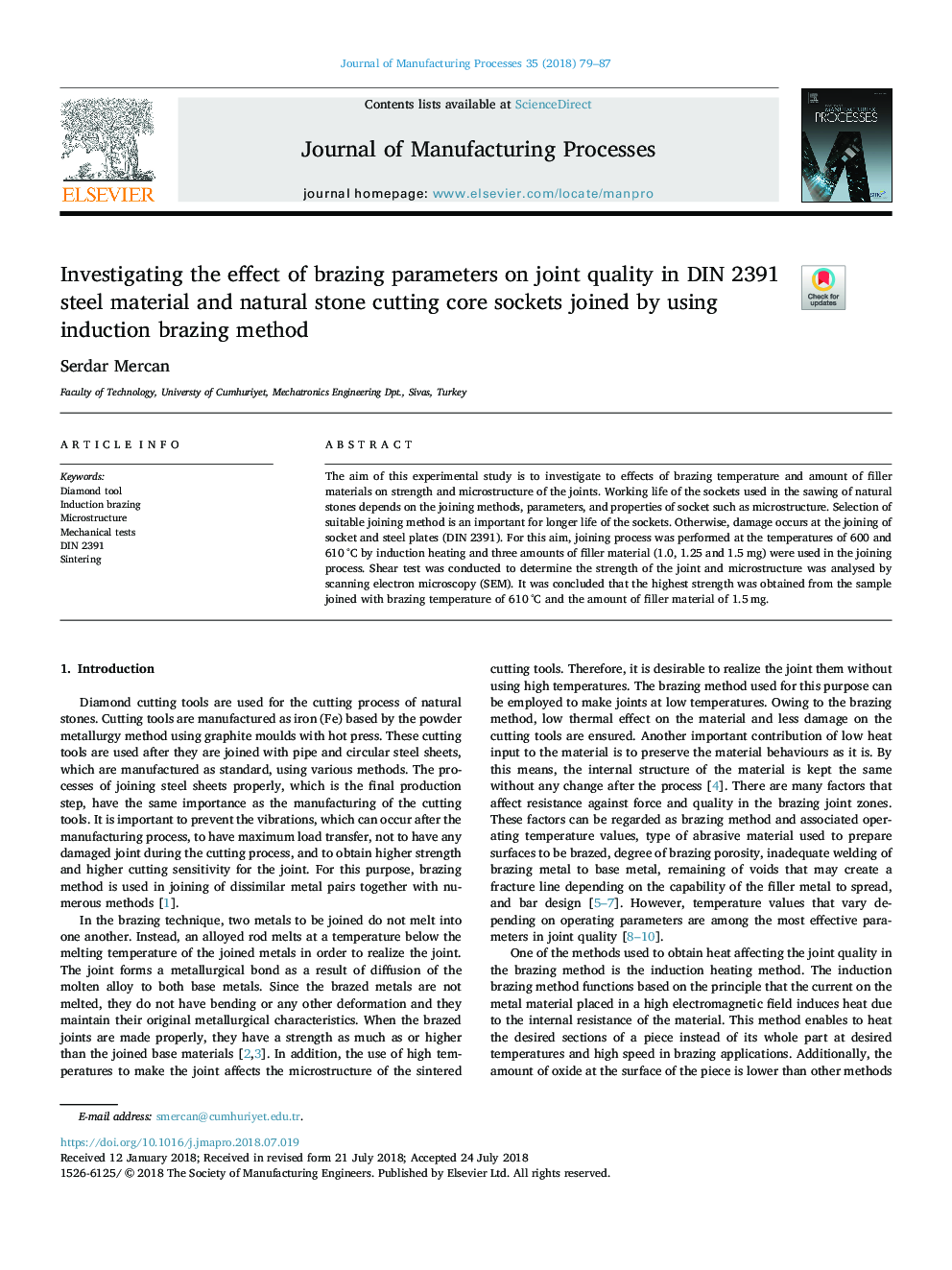 Investigating the effect of brazing parameters on joint quality in DIN 2391 steel material and natural stone cutting core sockets joined by using induction brazing method