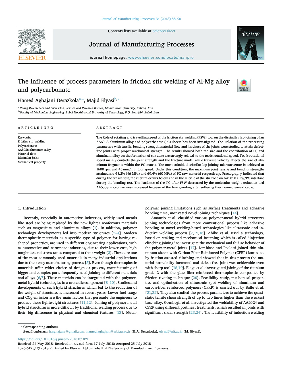 The influence of process parameters in friction stir welding of Al-Mg alloy and polycarbonate