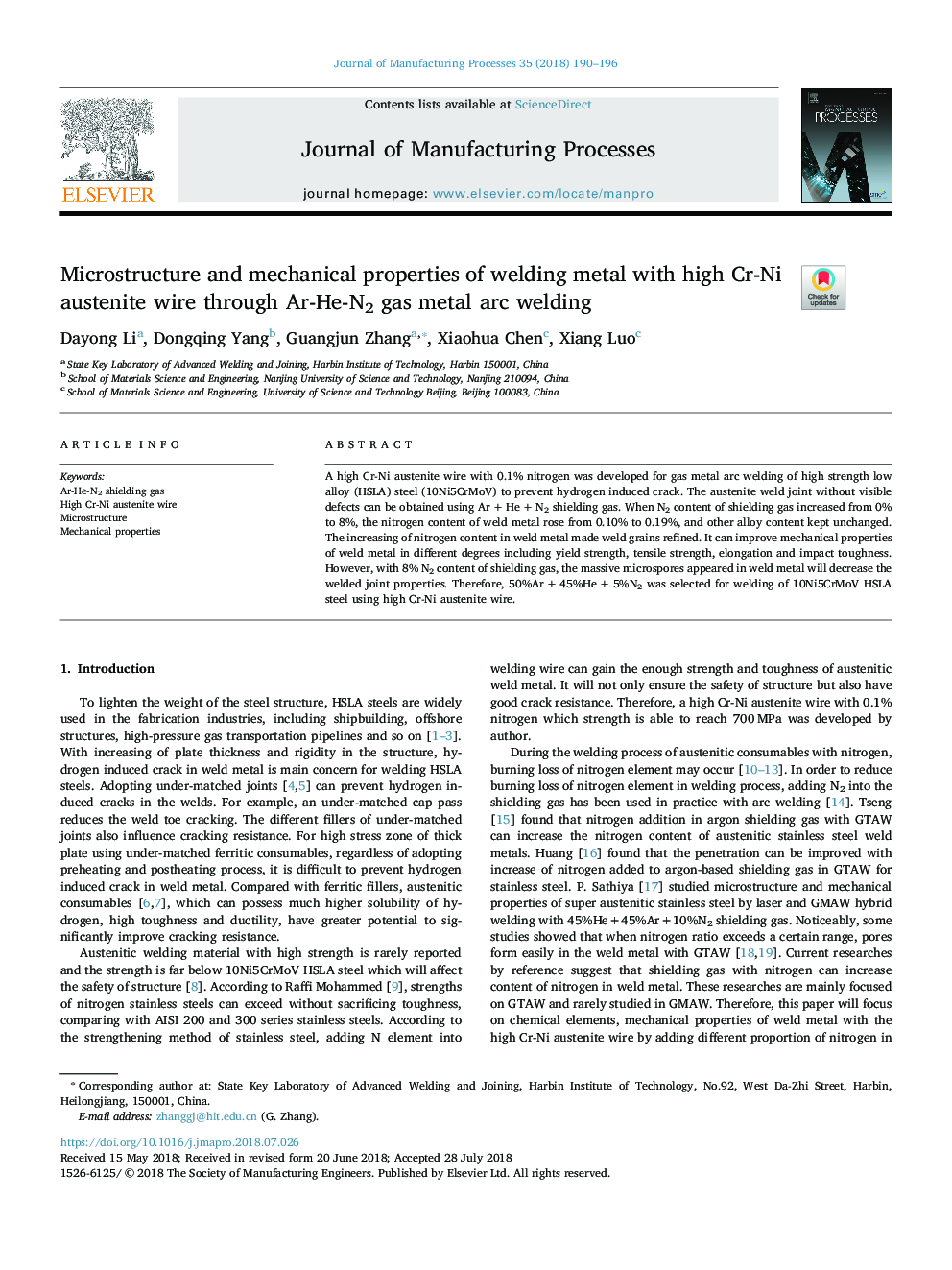 Microstructure and mechanical properties of welding metal with high Cr-Ni austenite wire through Ar-He-N2 gas metal arc welding