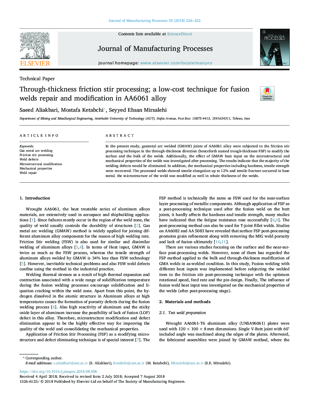 Through-thickness friction stir processing; a low-cost technique for fusion welds repair and modification in AA6061 alloy