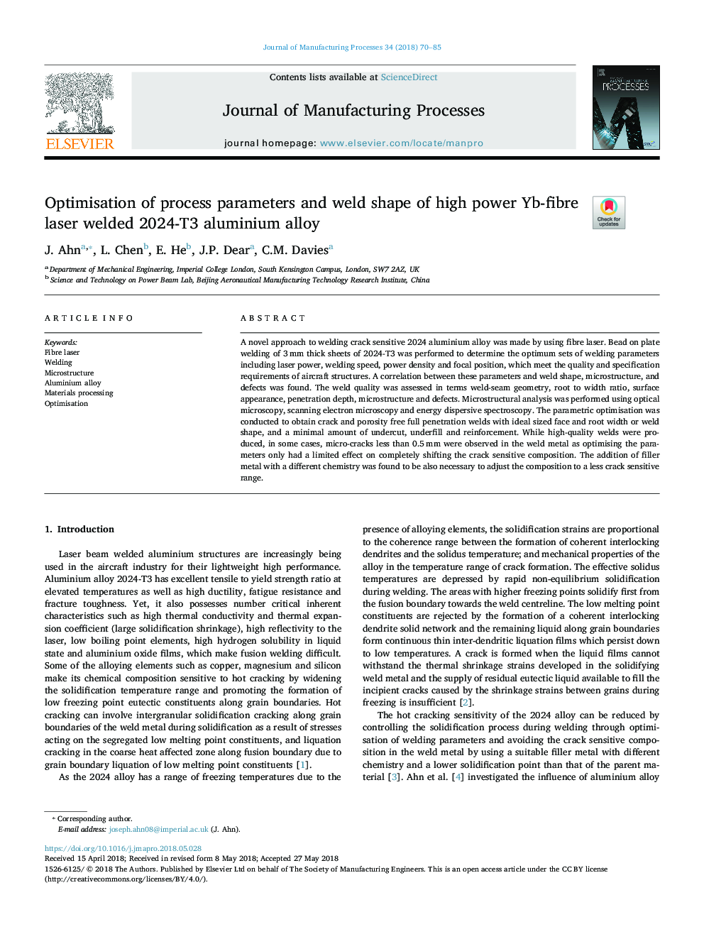 Optimisation of process parameters and weld shape of high power Yb-fibre laser welded 2024-T3 aluminium alloy