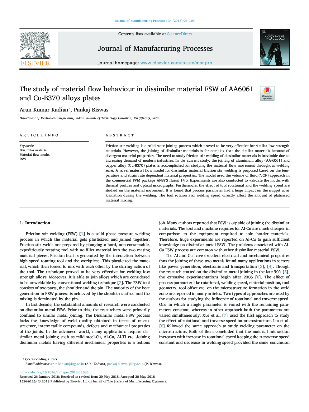 The study of material flow behaviour in dissimilar material FSW of AA6061 and Cu-B370 alloys plates