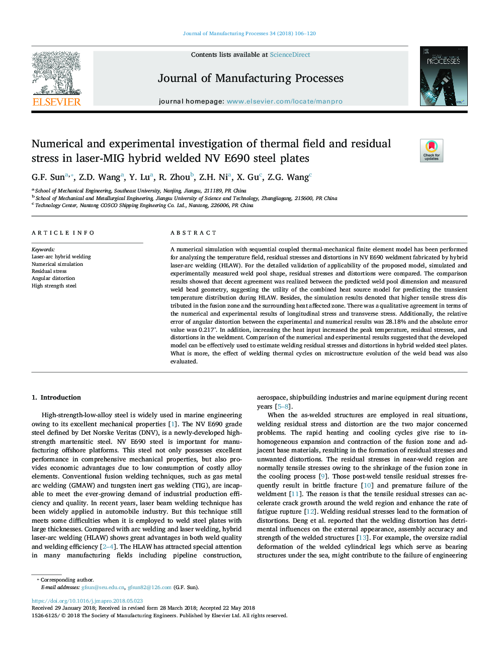 Numerical and experimental investigation of thermal field and residual stress in laser-MIG hybrid welded NV E690 steel plates