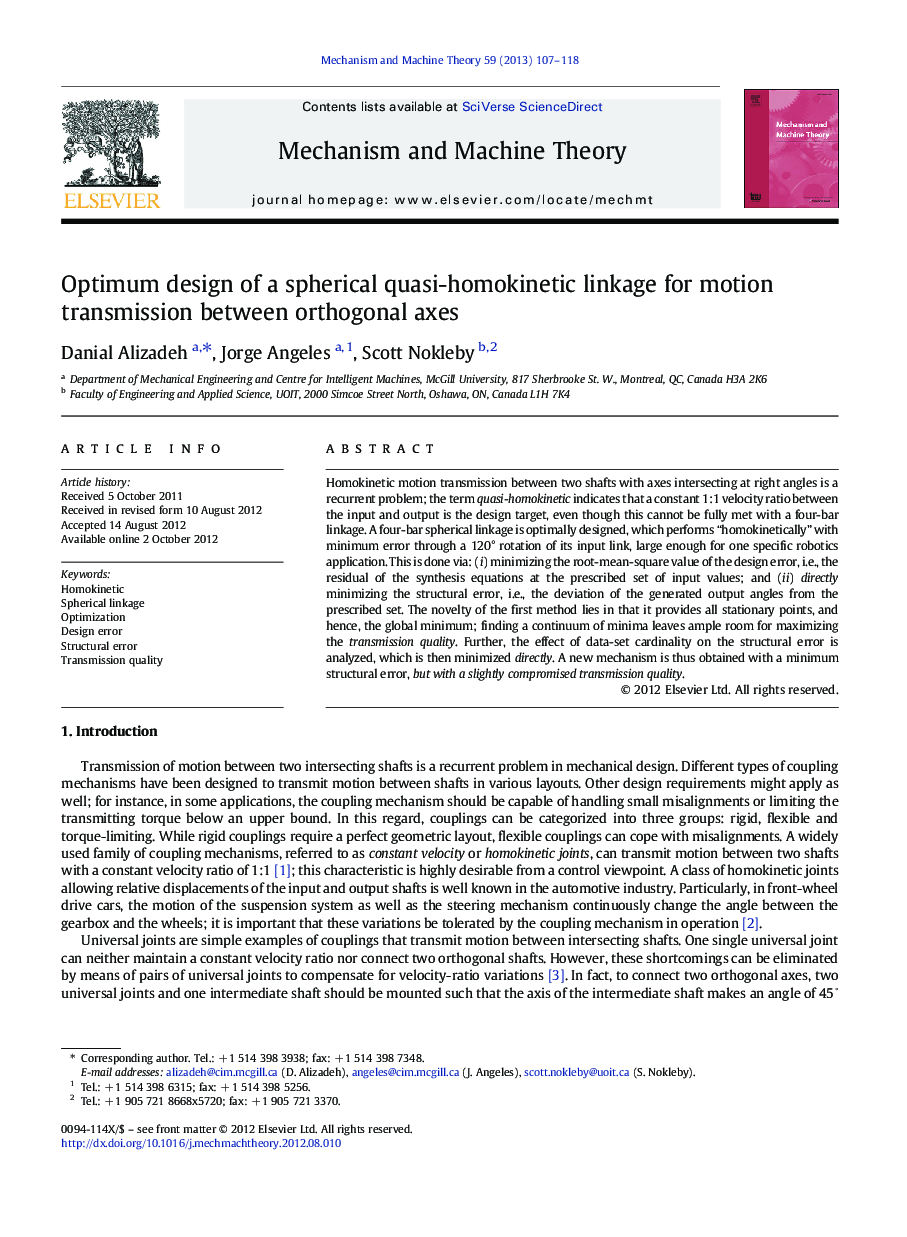 Optimum design of a spherical quasi-homokinetic linkage for motion transmission between orthogonal axes