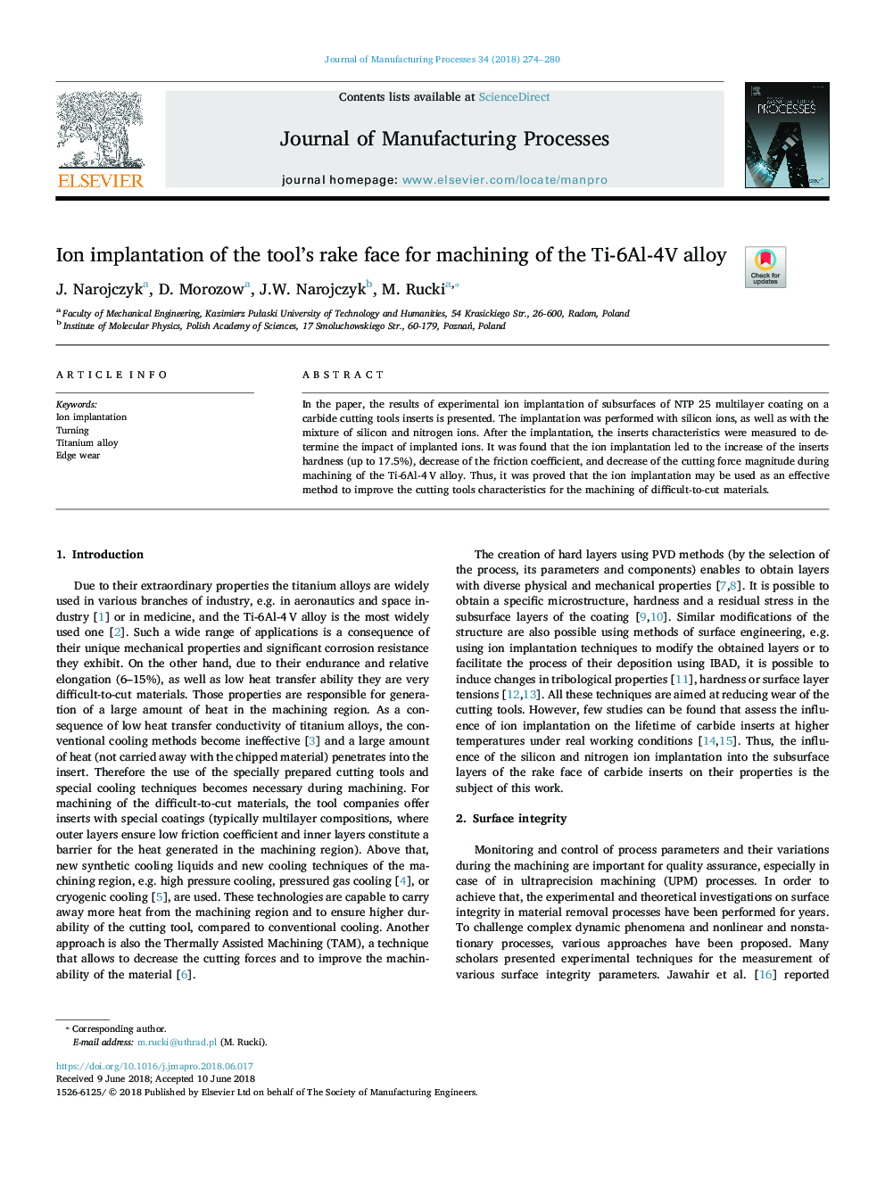 Ion implantation of the tool's rake face for machining of the Ti-6Al-4V alloy