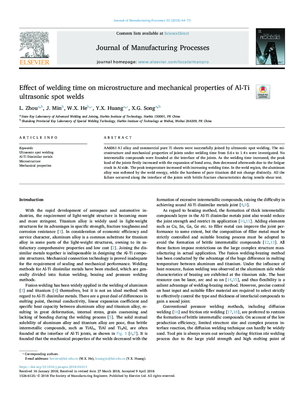 Effect of welding time on microstructure and mechanical properties of Al-Ti ultrasonic spot welds