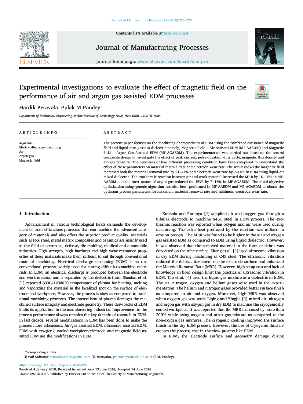 Experimental investigations to evaluate the effect of magnetic field on the performance of air and argon gas assisted EDM processes